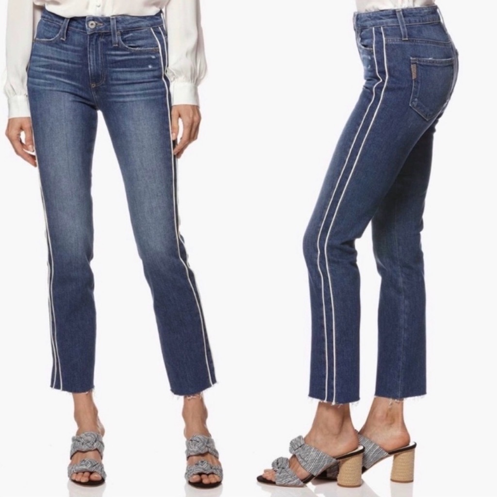 Paige Hoxton Straight Ankle Jeans Blue White Side Stripe High Rise Raw Hem